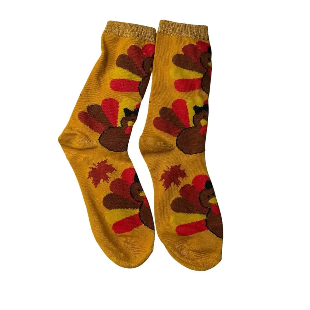Turkey Red Brown Orange Harvest Yellow Thanksgiving Crew Socks